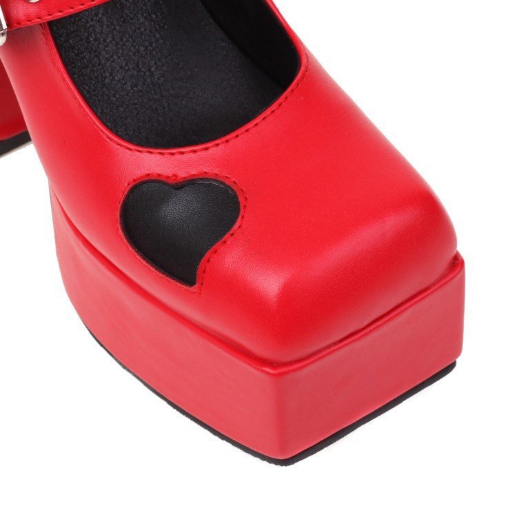 New square head double buckle love splicing single shoes waterproof platform thick high heel women's shoes_voghion.com