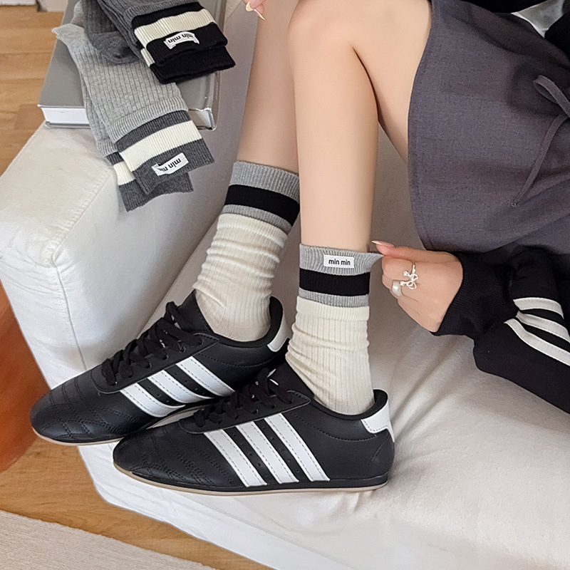 灰色袜子女2025秋季新款miu系布标中筒袜ins潮假两件拼色堆堆袜女|undefined