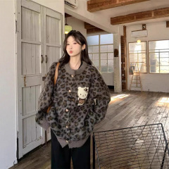 复古豹纹刺绣猫咪毛衣外套女春季网红新款上衣独特超好看针织开衫