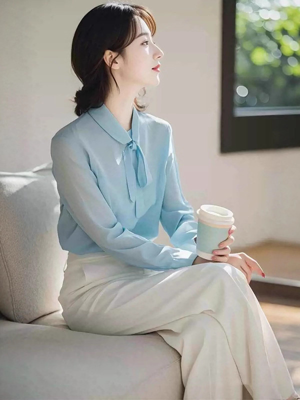 秋季新款韩风chic冷淡系独特别致蓝色衬衫裤子两件休闲职业女套装|undefined
