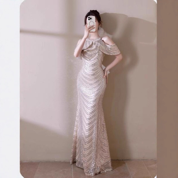 French-Style High-End Evening Gown for Women 2026 New Model, Luxurious Fishtail Banquet Dress, Elegant Host Style, High-End Light Luxury Niche