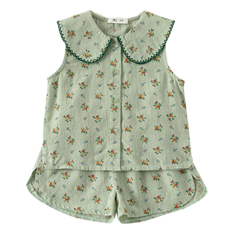 Ropa Infantil Youbao, Conjunto Casual para Niñas con Estampado Floral Pequeño en Verde, Conjunto de Verano 2026 para Niños, Ropa para el Hogar