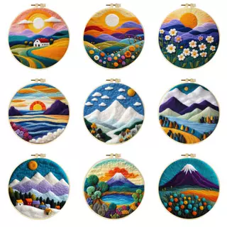 SHEIN 热卖diy毛毡画绘画带刺绣框架针毡用品家居装饰品日出火山