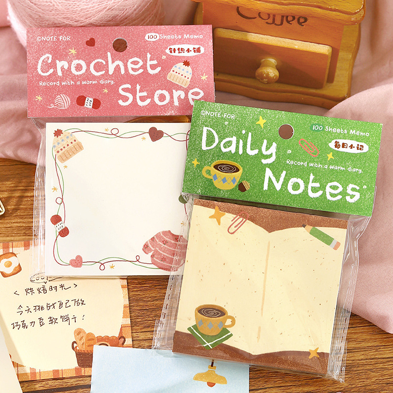 100 Sheets of Warm Diary Notebooks, Warm Bread and Coffee Life Illustration Base Note Paper for Messages and Reminders