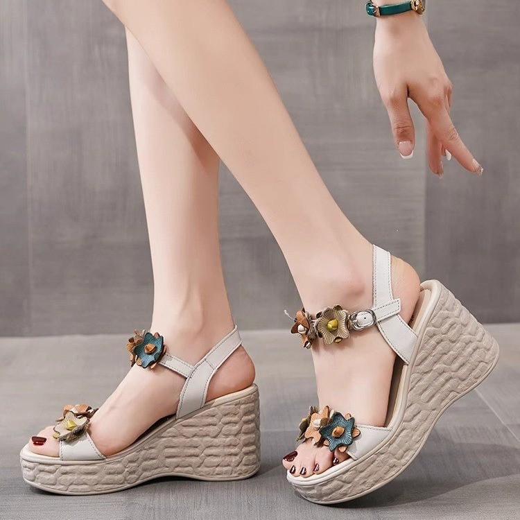 Fashionable retro vintage summer sandals Chinese style wedge heel