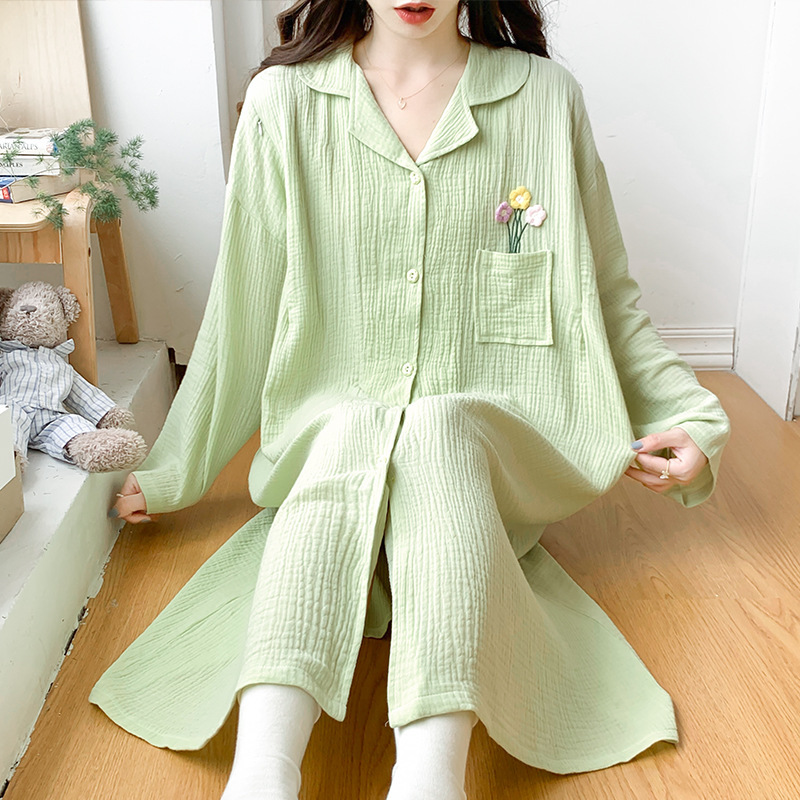 New Pure Cotton Gauze Moon Dress Summer Thin Breathable Pregnant Women's Nursing Nightdress Long Sleeve Large Size Postpartum Nursing Dress