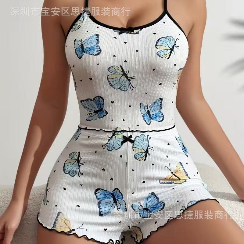 2025 European and American Hot-Selling Simple and Casual New Women's Home Wear Printed Butterfly Suspender Pajamas Sexy Can Be Worn Outside