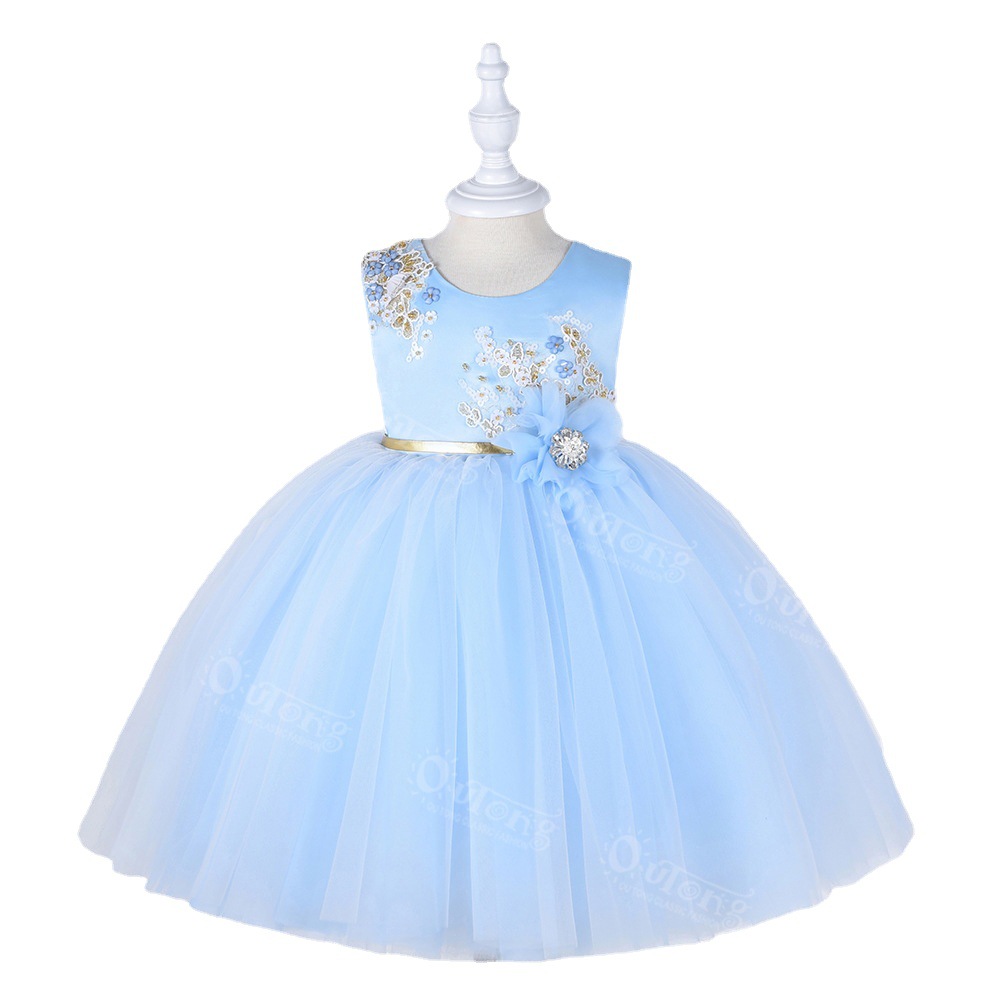 Girls' dress summer cross-border children's clothes Peng Peng yarn little girl piano performance dress solid color children's princess skirt