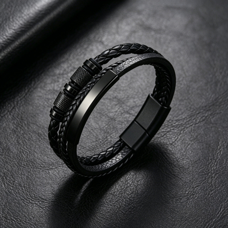 Cross-Border Trendy Handmade Three-Layer Woven Leather Bracelet for Men with Alloy Magnetic Clasp Design Cross-Border Trendy Handmade Three-Layer Woven Leather Bracelet for Men with Alloy Magnetic Clasp Design