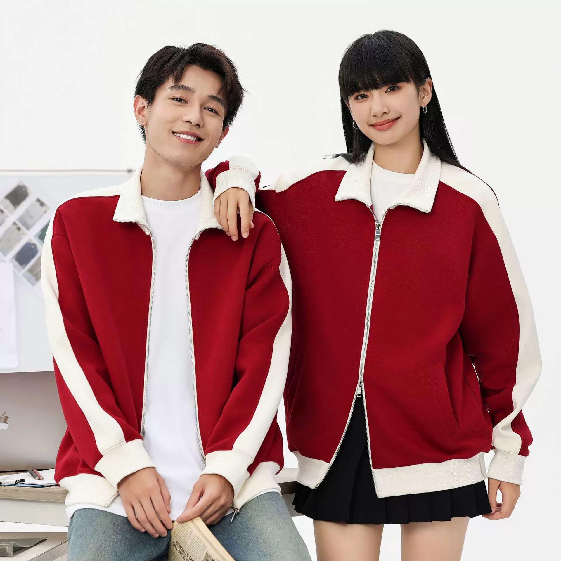 380克潮棉撞色双拉链立领卫衣男潮牌针织开衫外套上衣女撞色设计