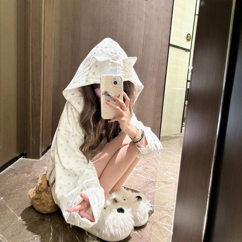 Cute Cat Ear Hooded Jacket for Women, Spring and Autumn Popular Korean Style Sweet and Spicy Lazy Loose Fit Dog Paw Print Sweatshirt