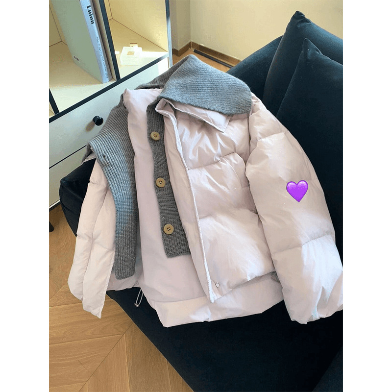 香芋紫温柔气质针织拼接翻领棉服外套女冬季冬装短款保暖棉袄棉衣