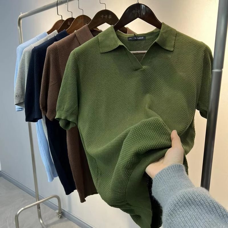Pineapple Texture Summer Seagull Collar Breathable and Light V Neck Short-Sleeved Men's Fashion Casual Knitted Polo Shirt Top Trendy