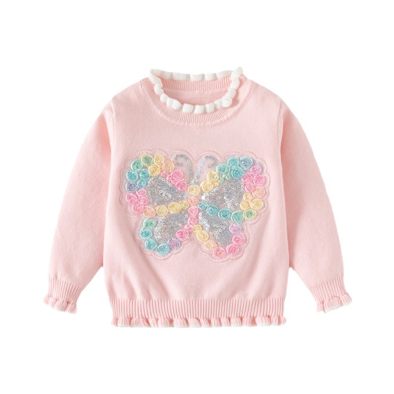 2024 Herbst neue Kinderkleidung für Mädchen mit Pailletten und Schmetterlings-Strickoberteil, einlagige Baumwollfaden-Spitzenärmel_voghion.com