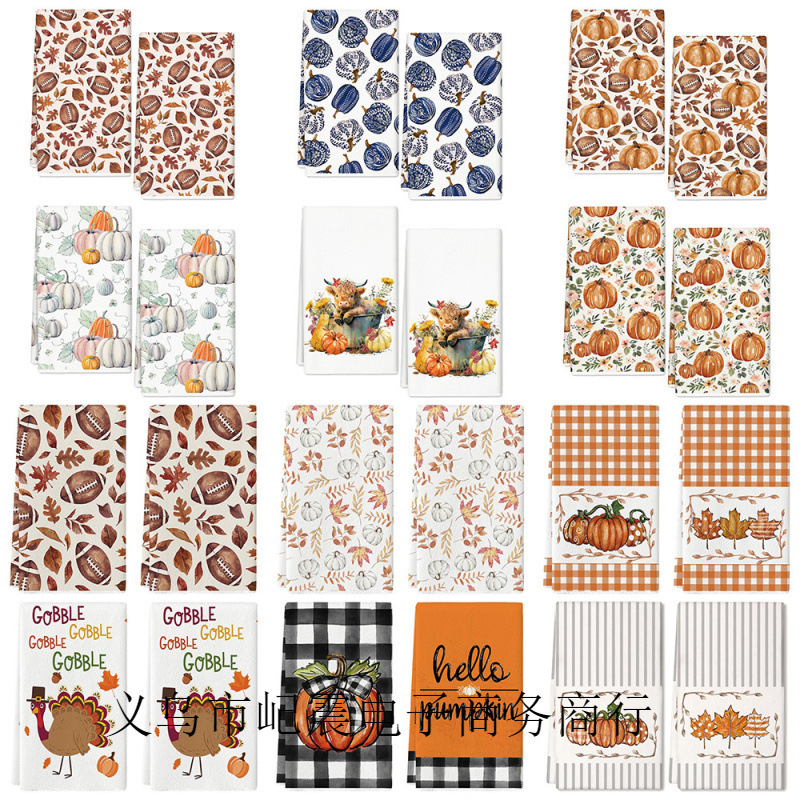 Amazon Hot Sale Autumn Thanksgiving Maple Leaf Pumpkin Kitchen Towel Dish Towel Farmhouse Seasonal Kitchen Decor