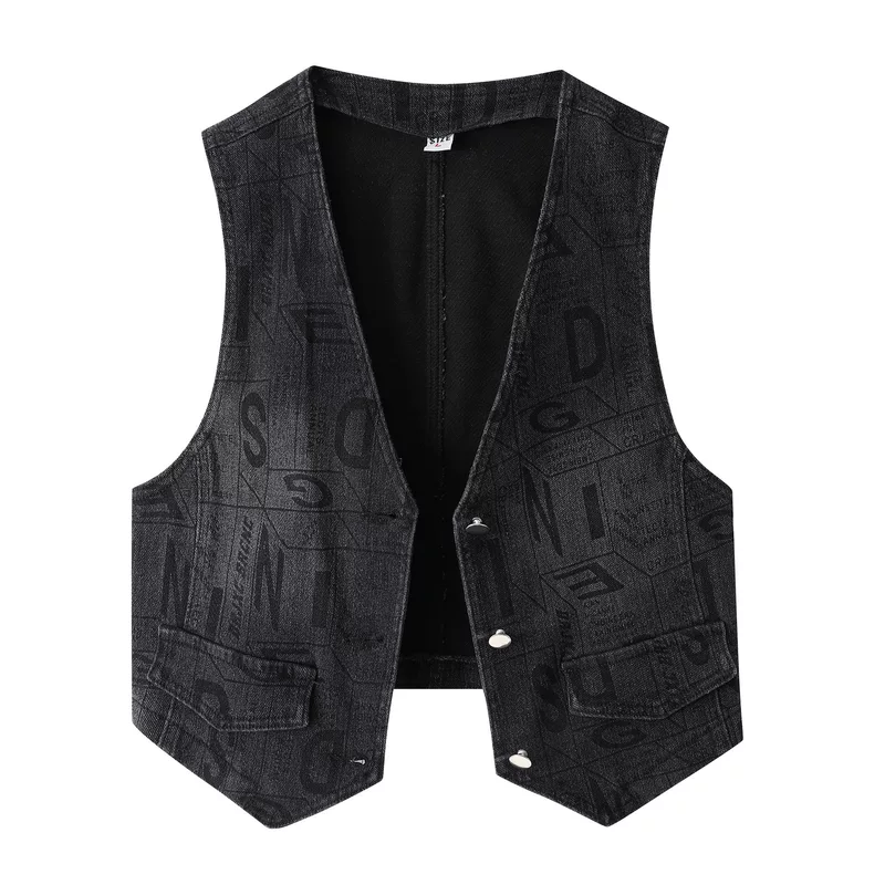 Spring autumn black denim short vest, 2024 years, Korean style, fitted