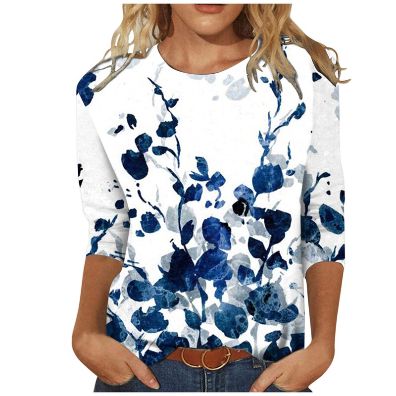 Cross-Border 2024 Amazon Aliexpress European and American New Women's Clothing Round Neck Three-Quarter Sleeve Loose Printed T-Shirt for Women