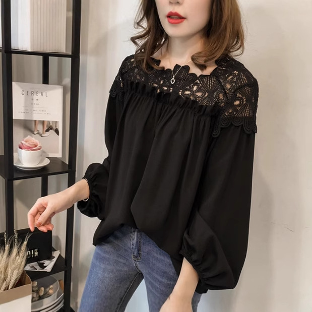 欧美风春季新款女装钩花镂空蕾丝拼接长袖雪纺衬衫Chiffon shirt