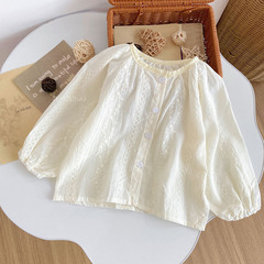新款春秋季新品女童文藝風蕾絲滿刺繡襯衣兒童棉布圓領上衣0016