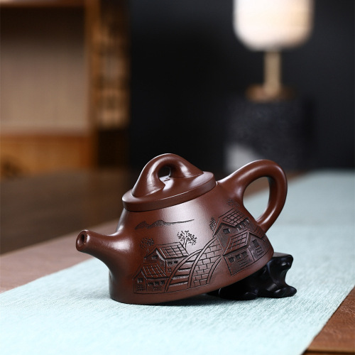 Engraved Jiangnan Overlord Stone Ladle Pot Yixing Purple Clay Pot Original Mine Old Purple Clay Handmade Teapot Tea Set Gifts Wholesale Delivery