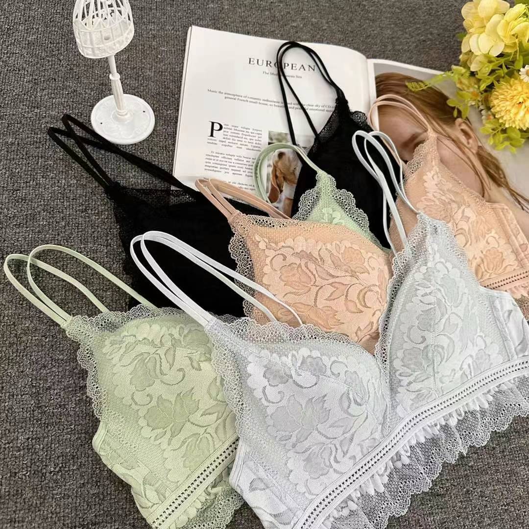 Bra de encaje del sudeste asiático, ropa interior de mujer, bra de copa triangular francesa, verano sin anillo de acero, copa delgada, algodón sexy y cómodo para la piel