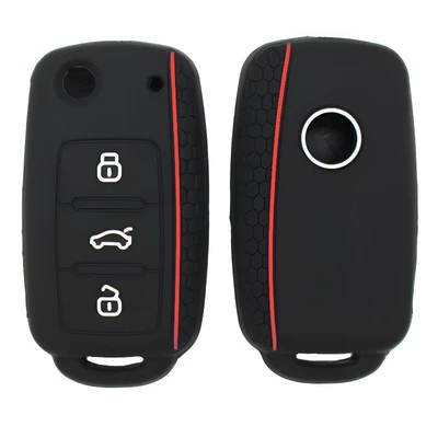 Suitable for Volkswagen car key cases: Sagitar, Polo, Tiguan, Touareg, Bora, Golf – silicone car key covers (Static Rod/Key Bag) - black-with-red-lines