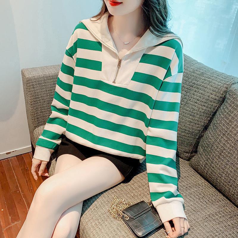 2025 New French Style Striped Navy Collar Zipper Sweater Women's Spring and Autumn Loose Slimming Top