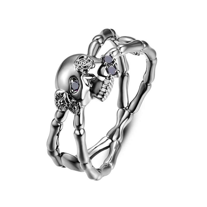 12g Weight Rhinestones Inlay Material Punk Cool Style Skull Alloy Plating Inlay Rhinestones Halloween Women'S Rings