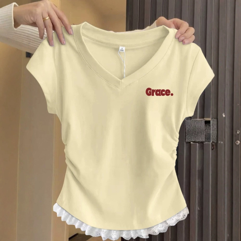 Korean-Style Slim-Fit Waist-Cinching Blouse 2026 Summer New V-Neck Hem Lace-Trimmed Top Short-Sleeve T-Shirt for Women