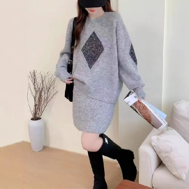 跨境早秋新款菱格圆领时尚套装女2025简约通勤短裙针织两件套毛衣|undefined