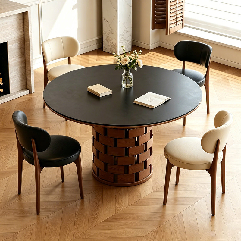 Wabi-Sabi Style Solid Wood Slate Vintage Black Round Dining Table for Home Use in Small Apartments, French Retro Dining Table