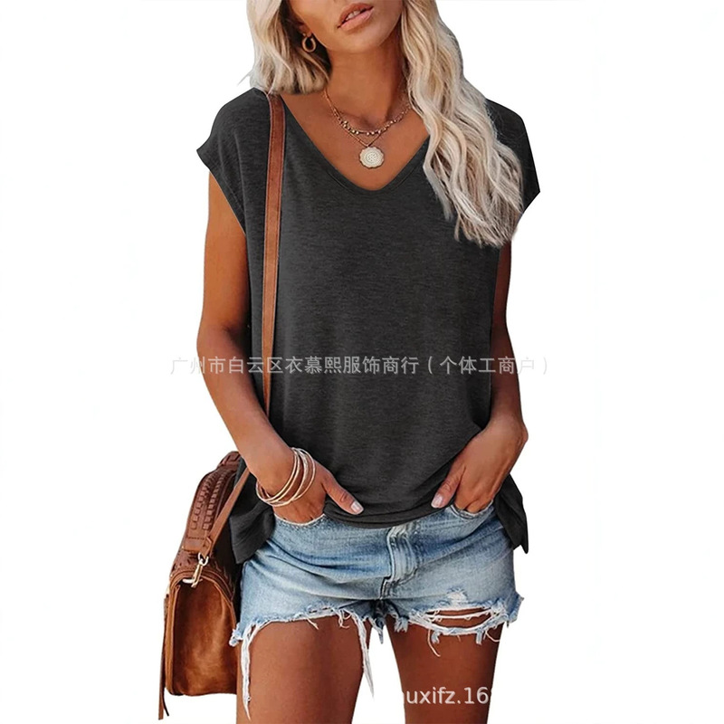 Women's Loose Casual U-Neck Wish2026 Amazon Colored Cotton V-Neck Short-Sleeved Solid Color Summer Vest-Style T-Shirt