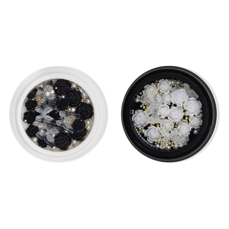 Internet celebridad nueva manicura blanco y negro Camellia perla joyería tridimensional mariposa oro bola de acero mezclado joyería de uñas