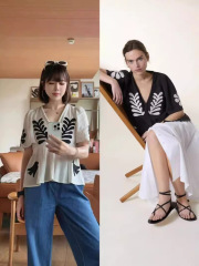 法式小众25年夏季新款复古撞色立领刺绣V领喇叭袖套头衬衫女32019