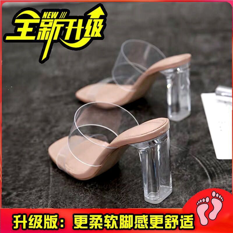 35-45码大码女鞋44码夏季外穿透明一字拖43水晶粗跟凉鞋42高跟鞋|undefined