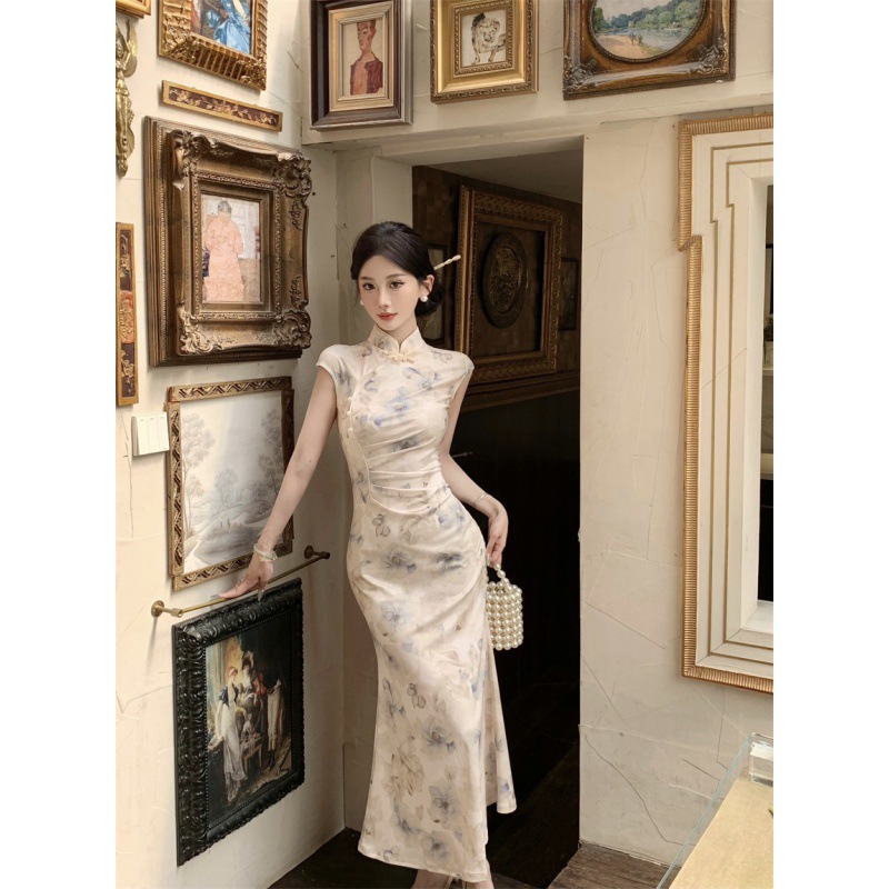 Vintage Printed Beaded Tight Waist Slimming Elegant Cheongsam dress 2024 Summer New Style Celebrity Fashionable Fishtail Dress