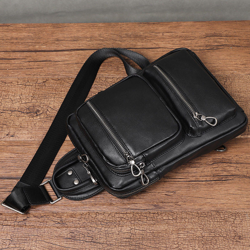 Túi đeo chéo nam da bò thật kiểu túi đeo ngực chống trộm 18×8×31 cm — Màu đen