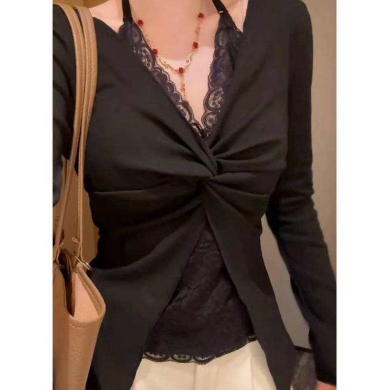 Winter New Lace Splicing Halterneck Brushed Top for Women with Waist Slimming Look Long Sleeves White Black Dark Gray