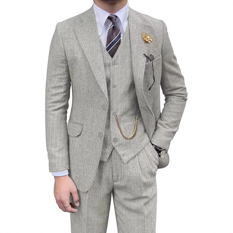 Herringbone Men's Suit Slim Fit Groom Suit Set Prom Banquet Three-Piece Suit Evening Dress Formal Wear Herringbone Men's Suit Slim Fit Groom Suit Set Prom Banquet Three-Piece Suit Evening Dress Formal Wear