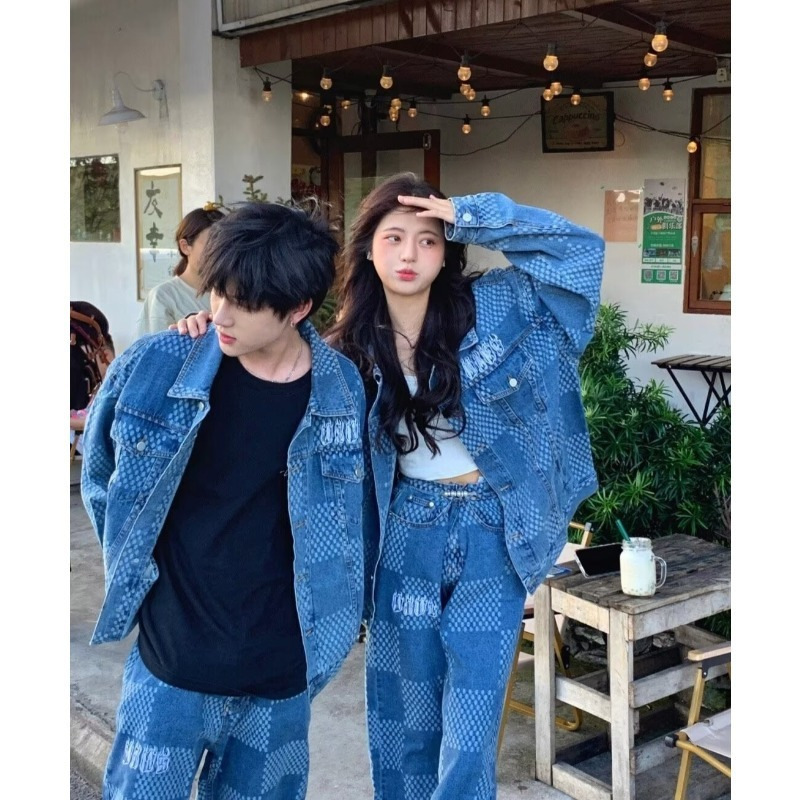 American retro Vibe style blue plaid denim jacket men's design unique couple outfit versatile jacket set