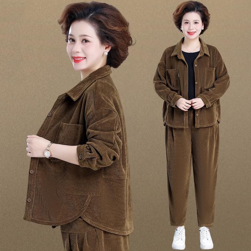 中年妈妈春装外套洋气运动服套装中老年女装春秋灯芯绒上衣两件套|undefined
