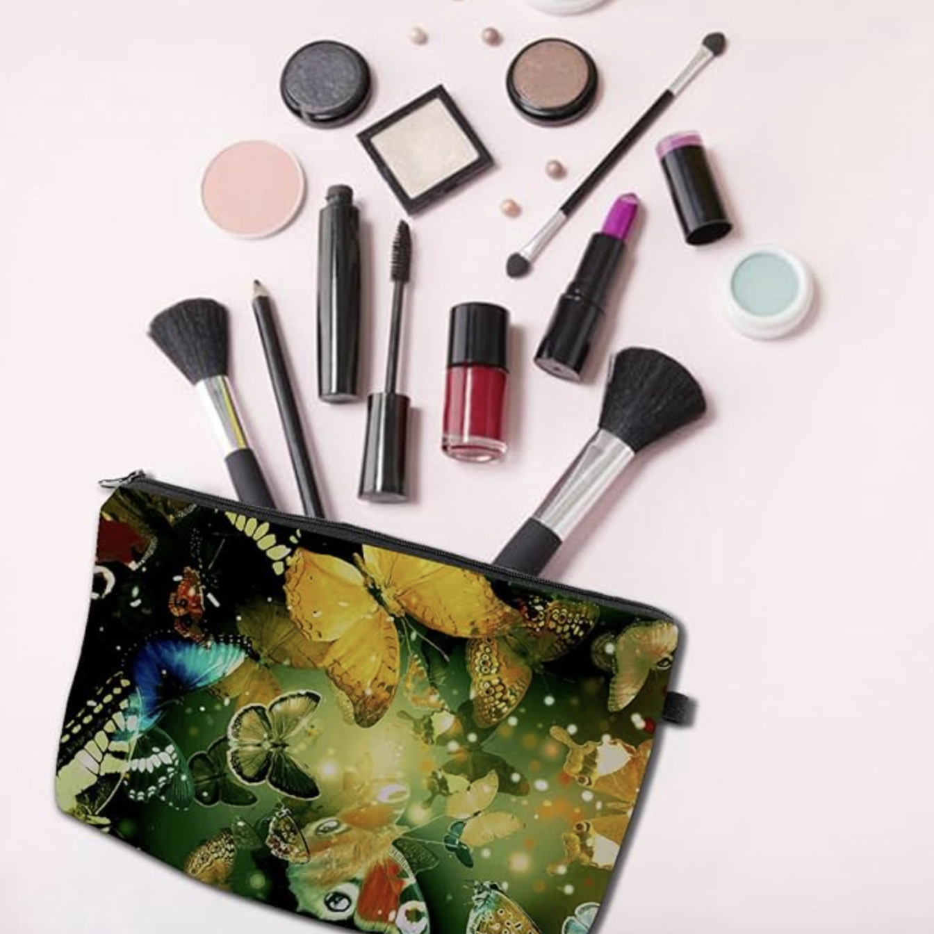 Amazon Cross-border explosiva bolsa de cosméticos bolsa de lavado de viaje de lino bolsa de accesorios de belleza de mariposa impresión de doble cara al por mayor