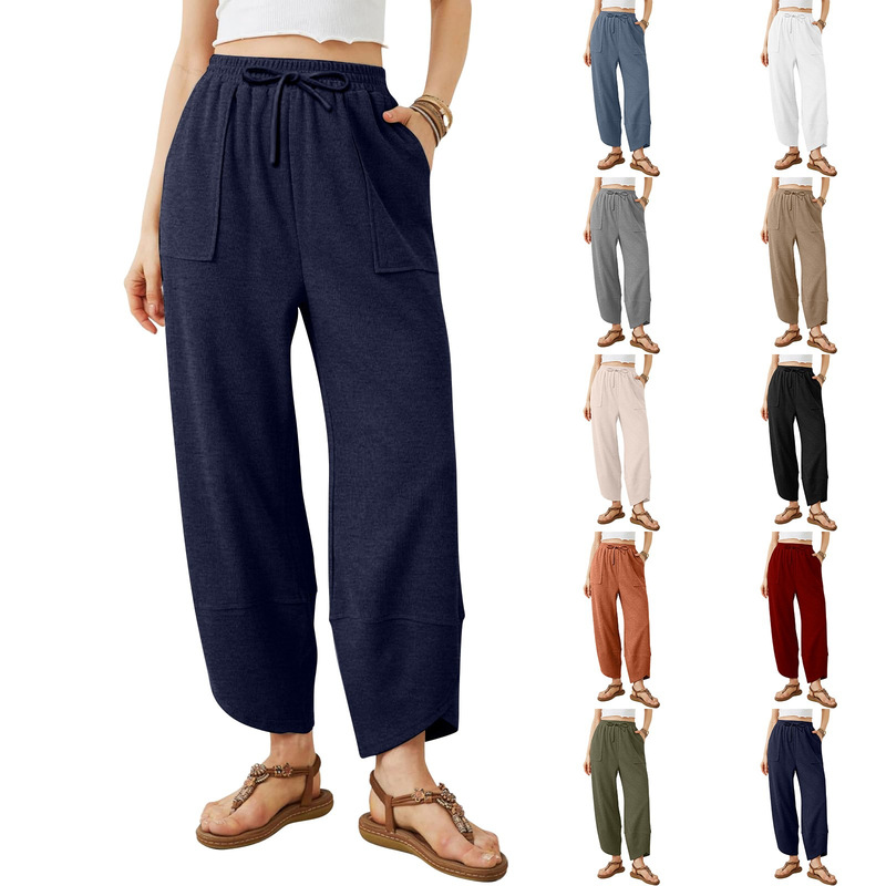 Women's Casual Solid Color Cotton Sweatpants with Pockets, Cross-Hem, Loose Straight-Leg Harem Cropped Pants (Drawstring Style)