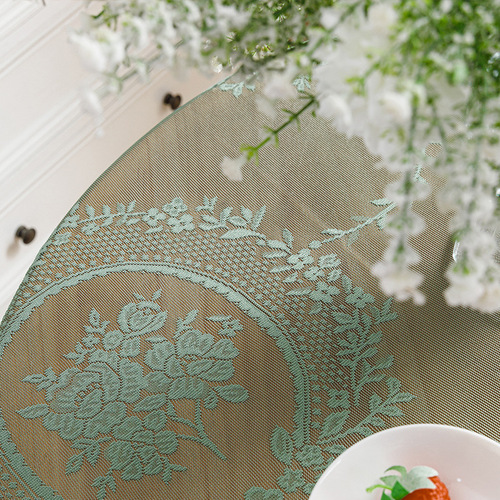 Elegant Green Hollowed-Out Lace Tablecloth with Ruffled Edges, Round Mirror Design, and Fresh, Delicate Lace Style