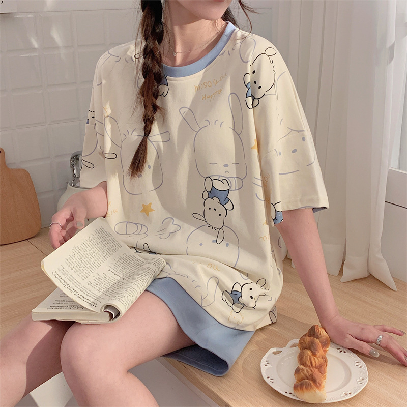 Summer New Style Girl Student Round Neck Pullover Cartoon Pajamas Set Casual Simple Home Clothes Can Be Worn Outside Short Sleeves Summer New Style Girl Student Round Neck Pullover Cartoon Pajamas Set Casual Simple Home Clothes Can Be Worn Outside Short Sleeves