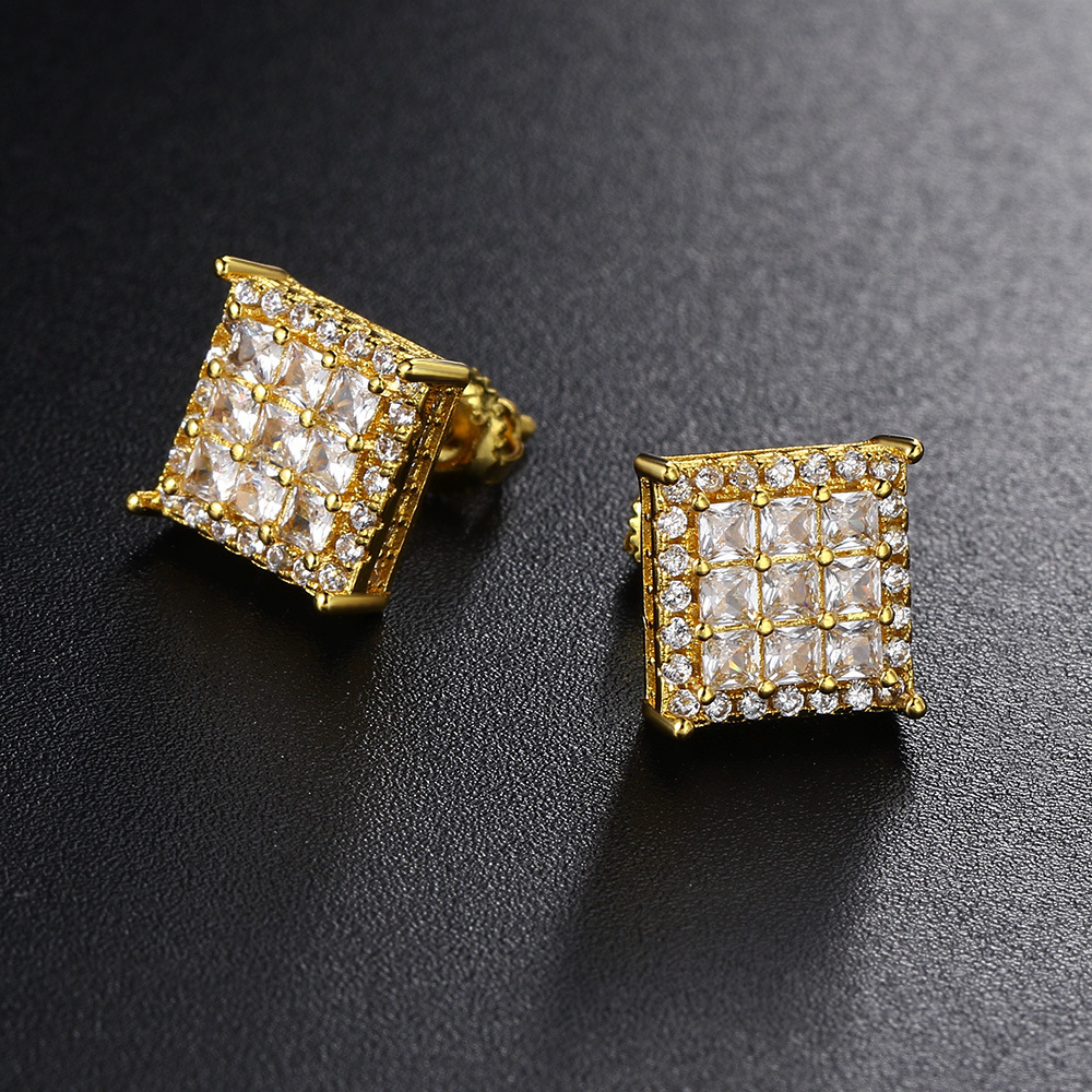 Square Full Diamond Thread Earrings For Men Trendy Studs_voghion.com