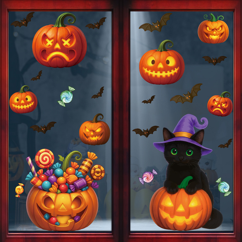 国境を越えた新しいハロウィーンの装飾カボチャガラスステッカーショッピングモールの窓シーンレイアウトキャンディーバット静電ステッカー|undefined