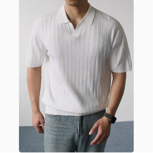 Camisa POLO suéter de manga corta con cuello en V para hombre, rayas verticales, negocios británicos, delgado, seda de hielo de verano, comercio exterior, venta al por mayor transfronteriza