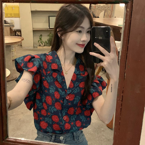 Floral Collared Women's Vintage Hong Kong Style Summer New Design Fly Sleeve Suit Collar Unique Topcoat