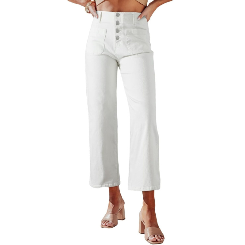 Women's Wide-Leg Jeans, High-Waisted, Latin-Style Stretch Straight-Leg Jeans with Pockets, Buttoned, Loose-Fitting Denim Pants